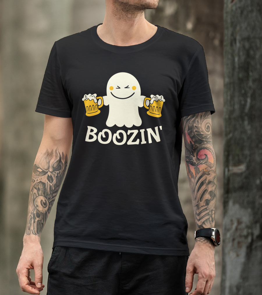 Boozin Ghost With Beer Mugs Halloween Fun T-Shirt