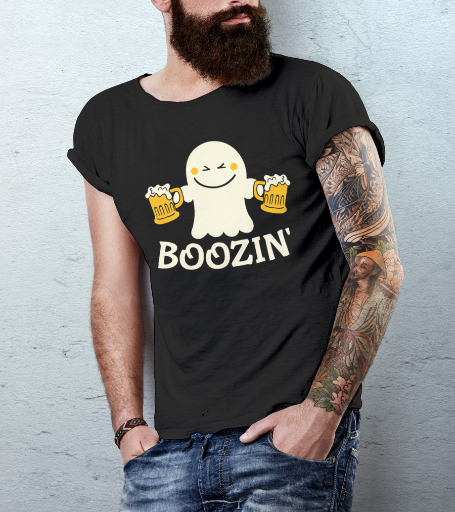 Boozin Ghost With Beer Mugs Halloween Fun T-Shirt