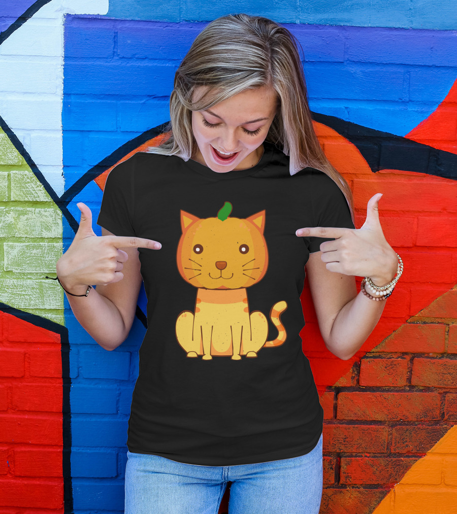 Halloween Pumpkin Cat Face And Striped Tail Whiskers T-Shirt