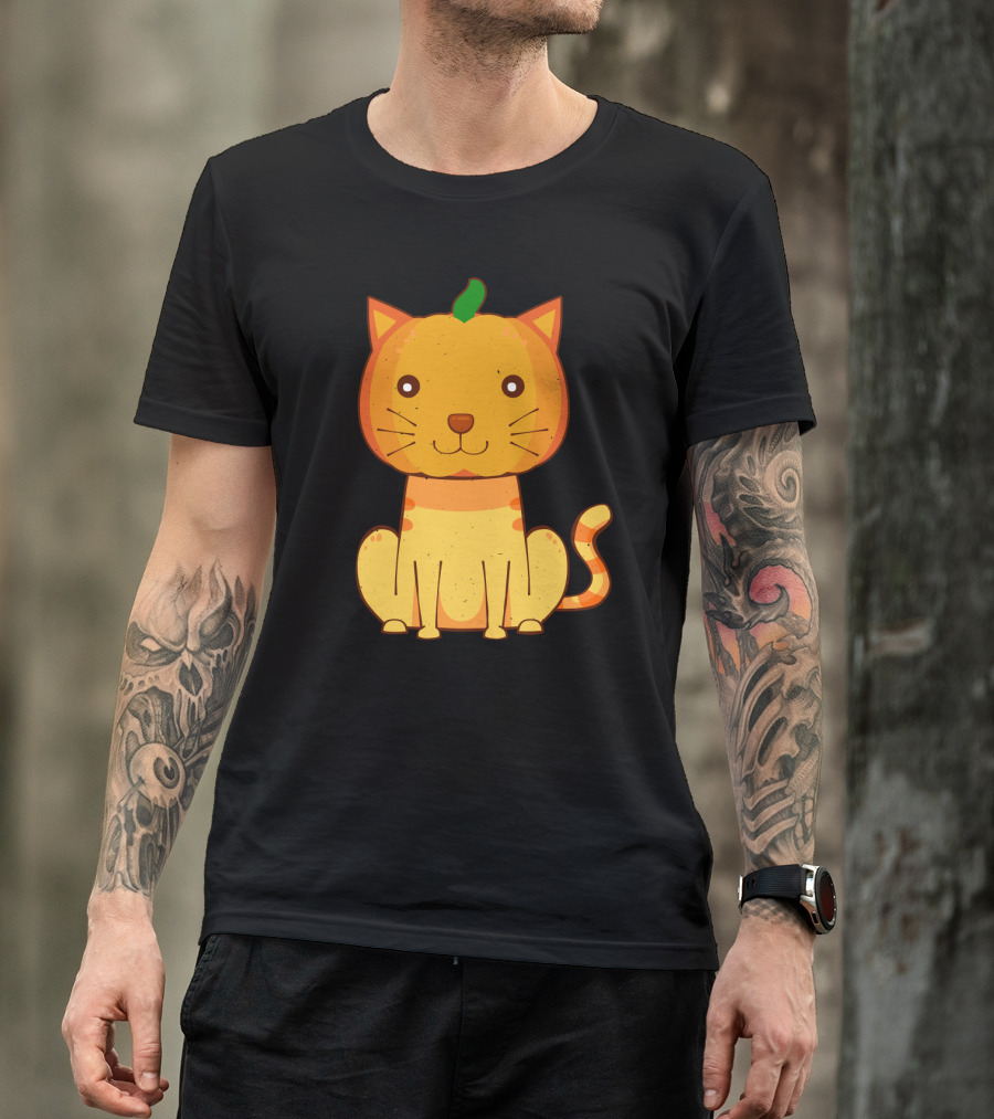 Halloween Pumpkin Cat Face And Striped Tail Whiskers T-Shirt