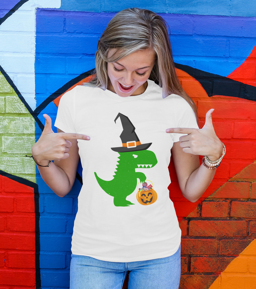 Witch Hat Dinosaur With Pumpkin Candy Bucket Halloween T-Shirt