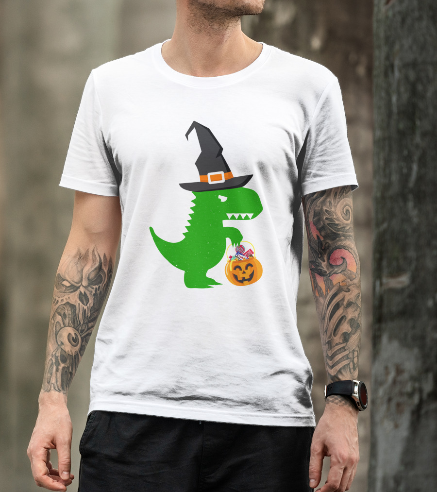 Witch Hat Dinosaur With Pumpkin Candy Bucket Halloween T-Shirt