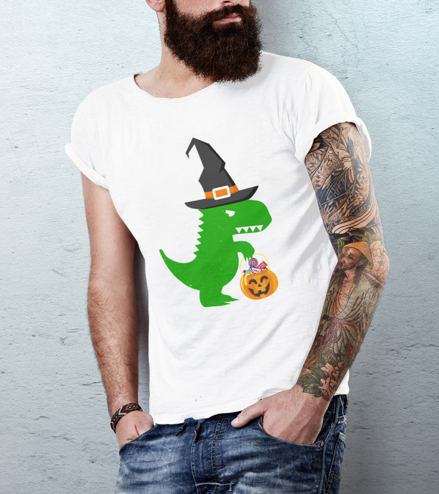 Witch Hat Dinosaur With Pumpkin Candy Bucket Halloween T-Shirt