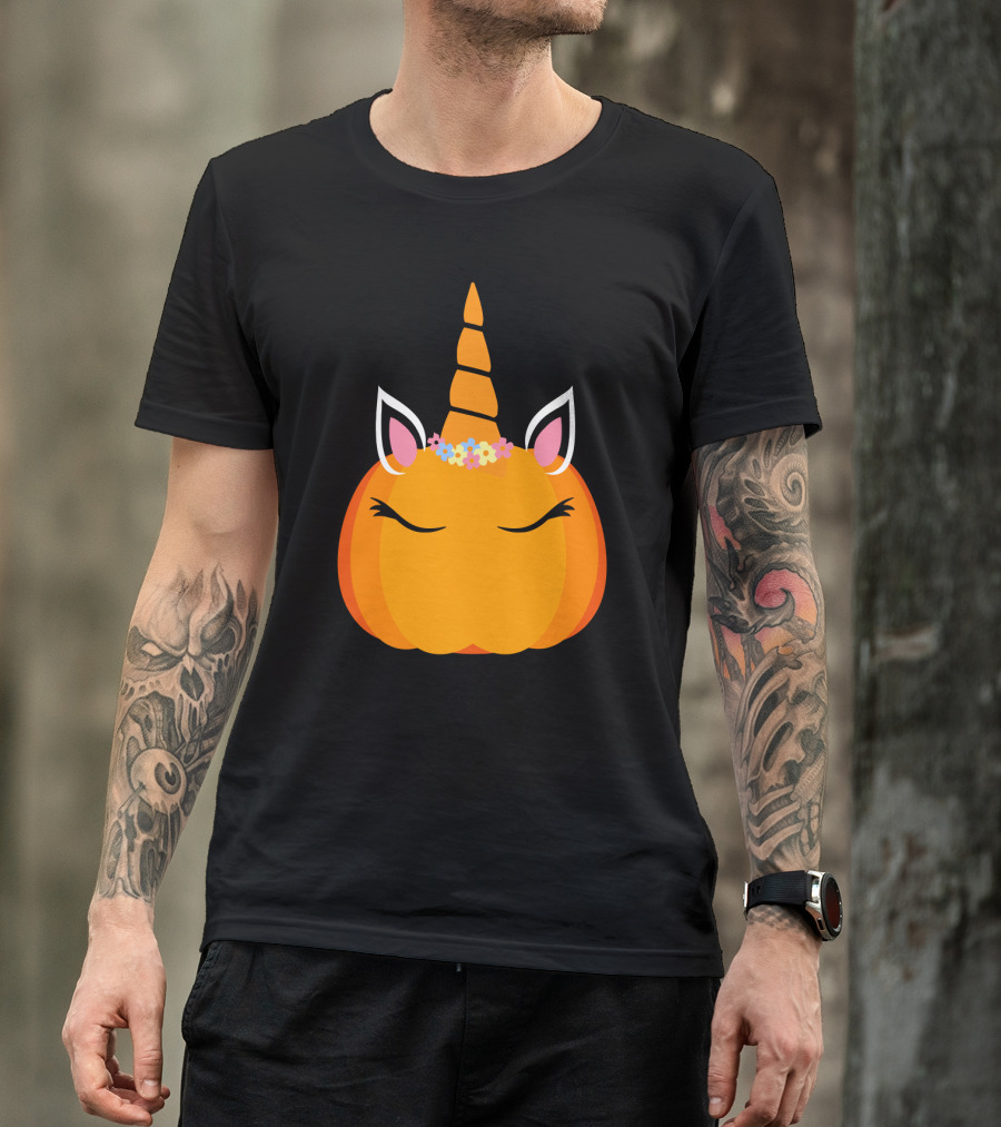 Unicorn Pumpkin With Floral Crown And Sleepy Eyes T-Shirt
