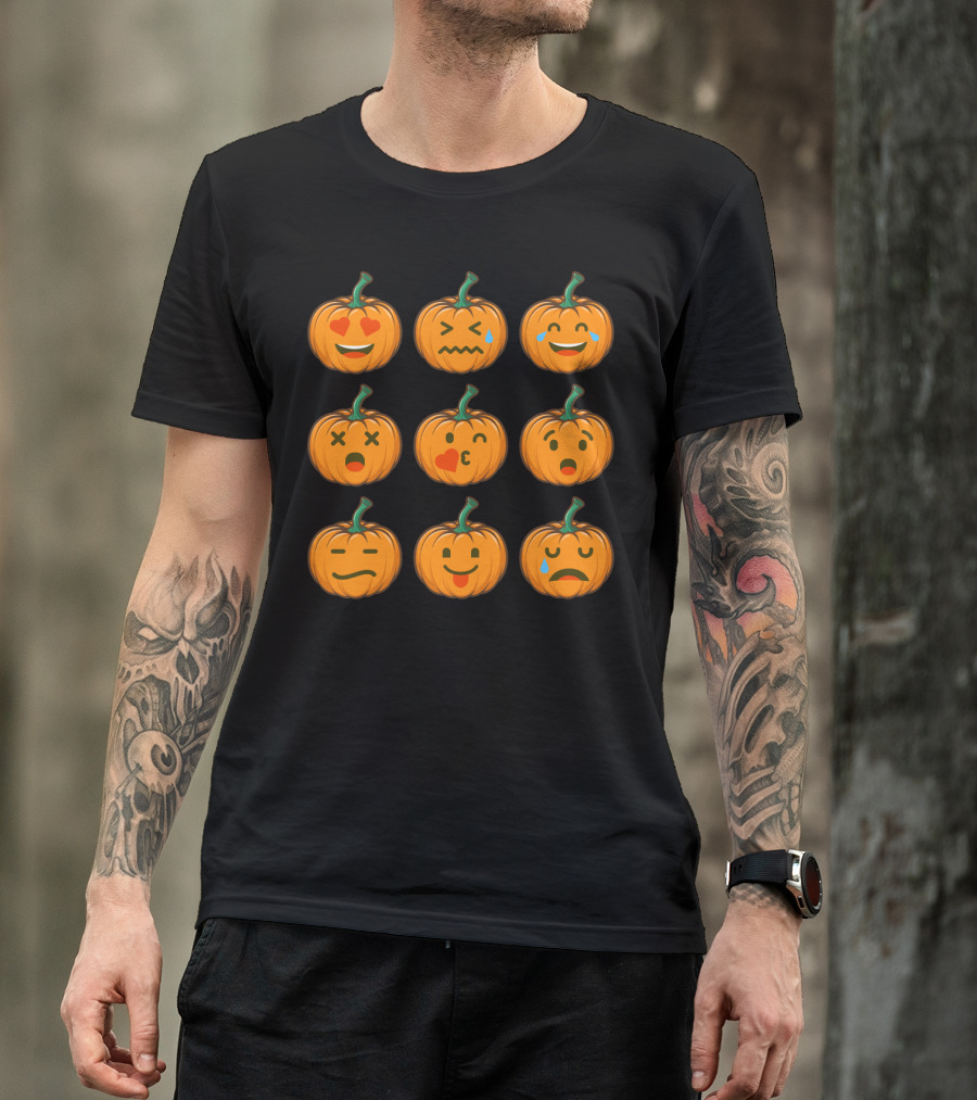 Nine Cute Pumpkin Emoji Expressions With Heart Eyes And Tears T-Shirt