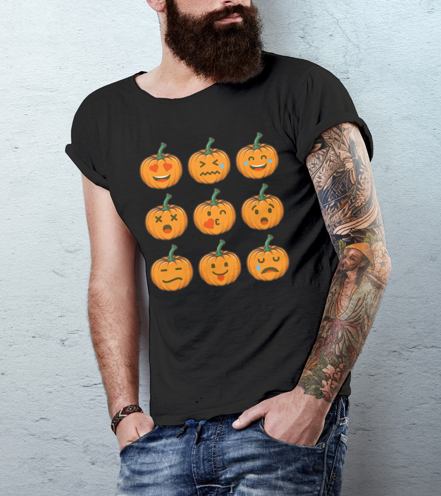 Nine Cute Pumpkin Emoji Expressions With Heart Eyes And Tears T-Shirt
