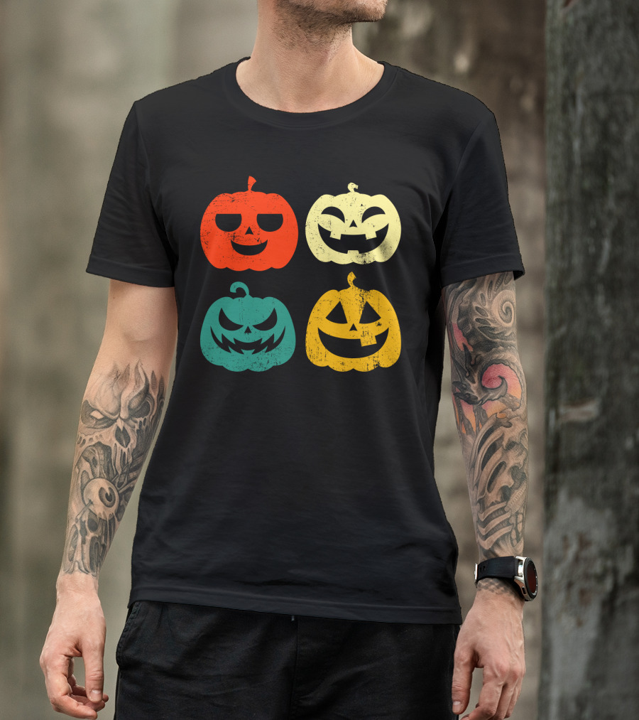 Retro Vintage Pumpkin Halloween Faces Quad Color Grid T-Shirt