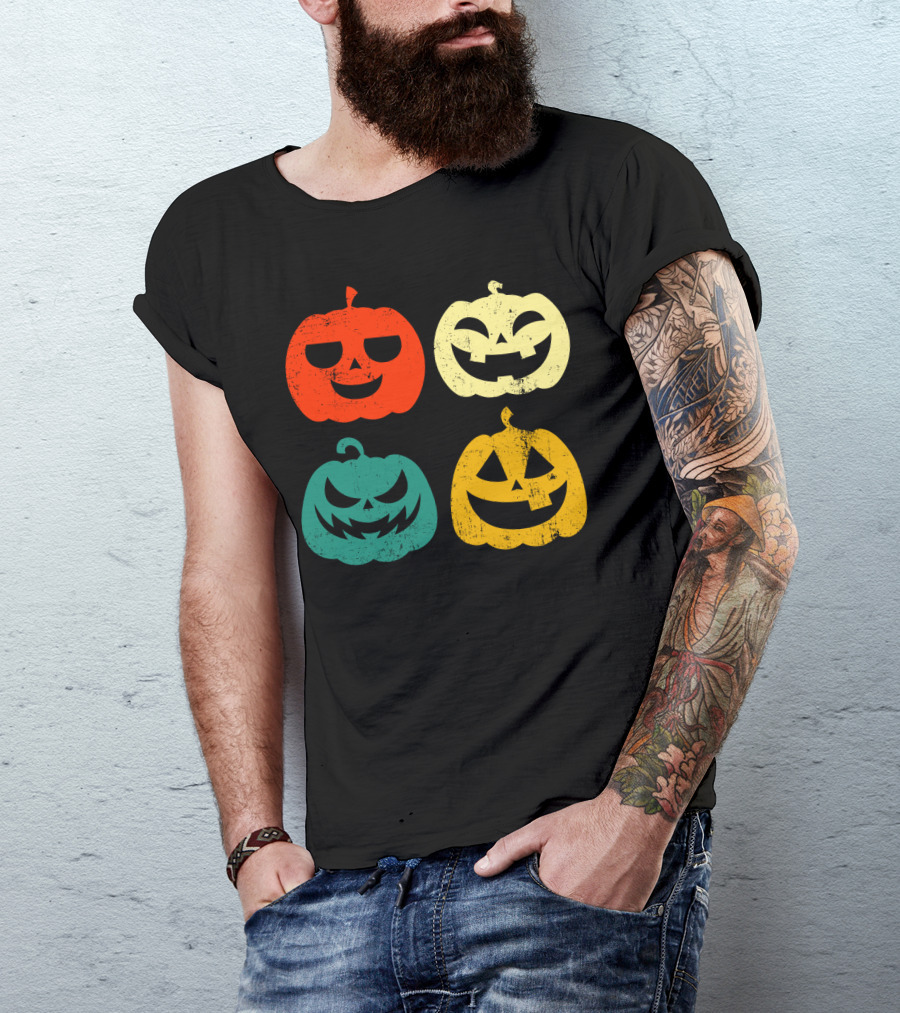 Retro Vintage Pumpkin Halloween Faces Quad Color Grid T-Shirt