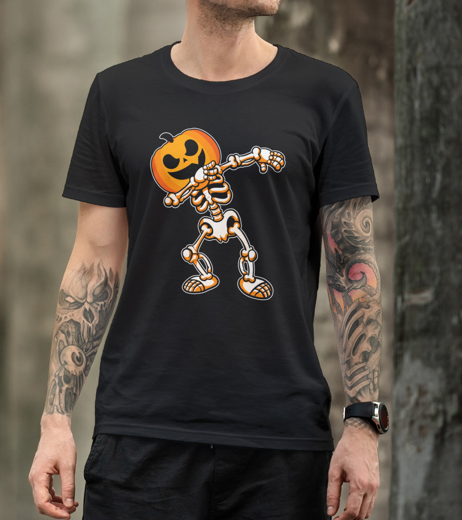Dabbing Skeleton With Pumpkin Head Halloween Humor T-Shirt
