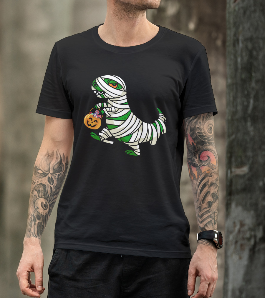 Mummy Dinosaur With Halloween Pumpkin And Candy Basket T-Shirt