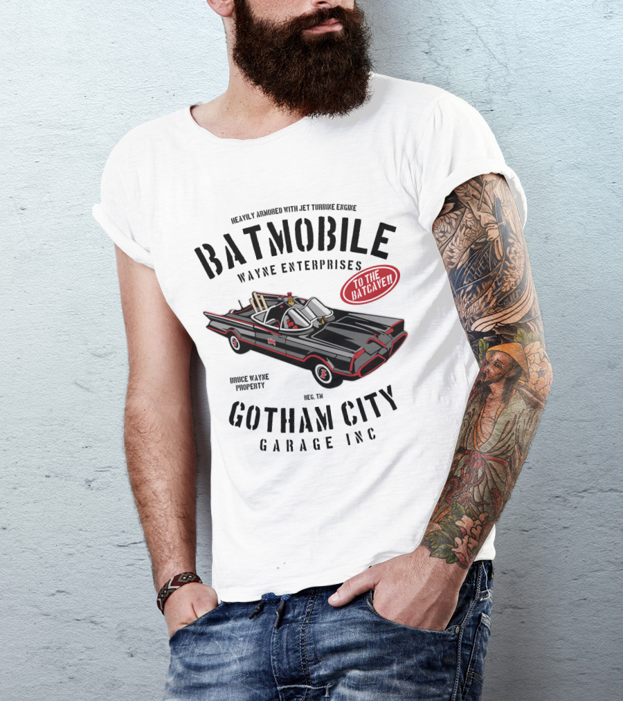 BATMOBILE Heavily Armored Jet Turbine Engine Wayne Enterprises Gotham City Garage Inc Bruce Wayne Property T-Shirt