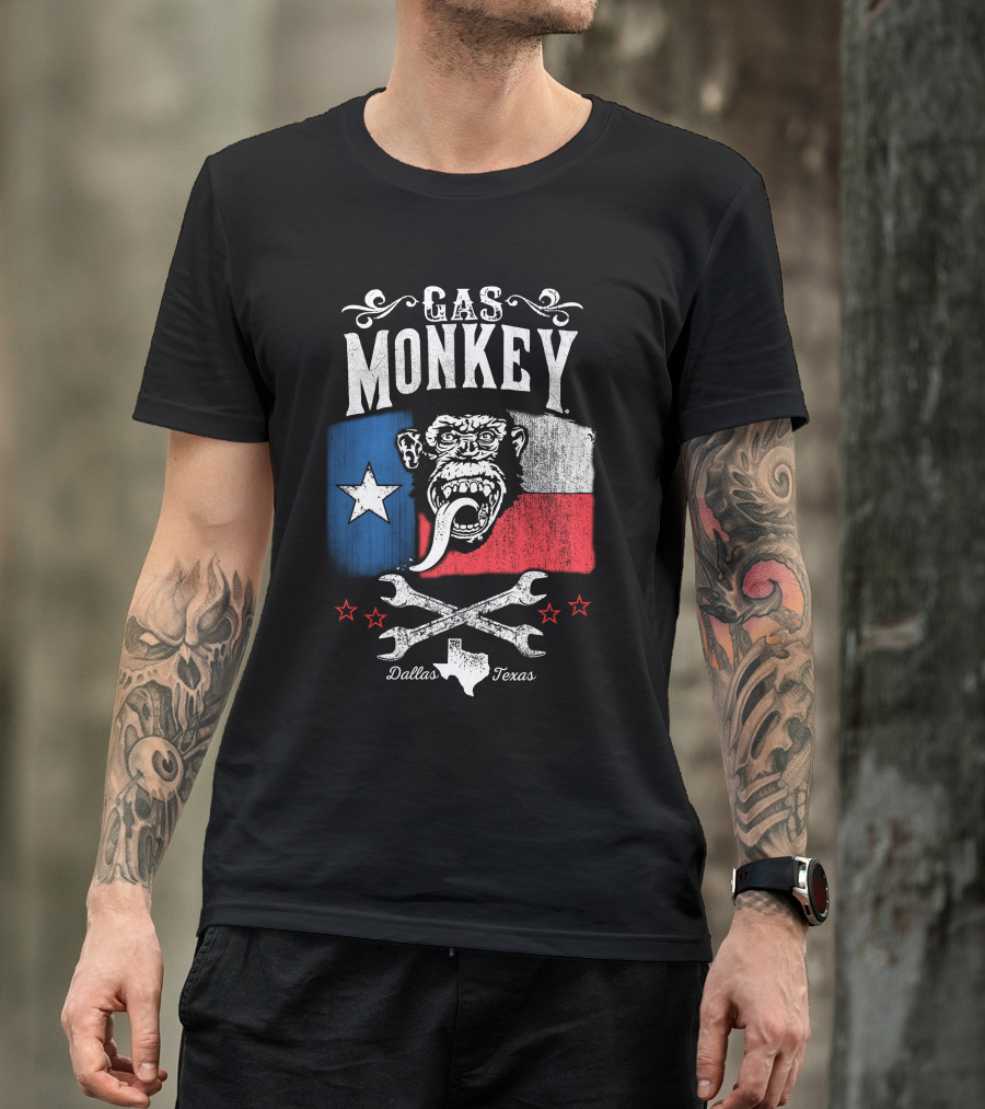 Gas Monkey Garage Dallas Texas Lone Star Flag Monkey Logo Wrenches Stars T-Shirt