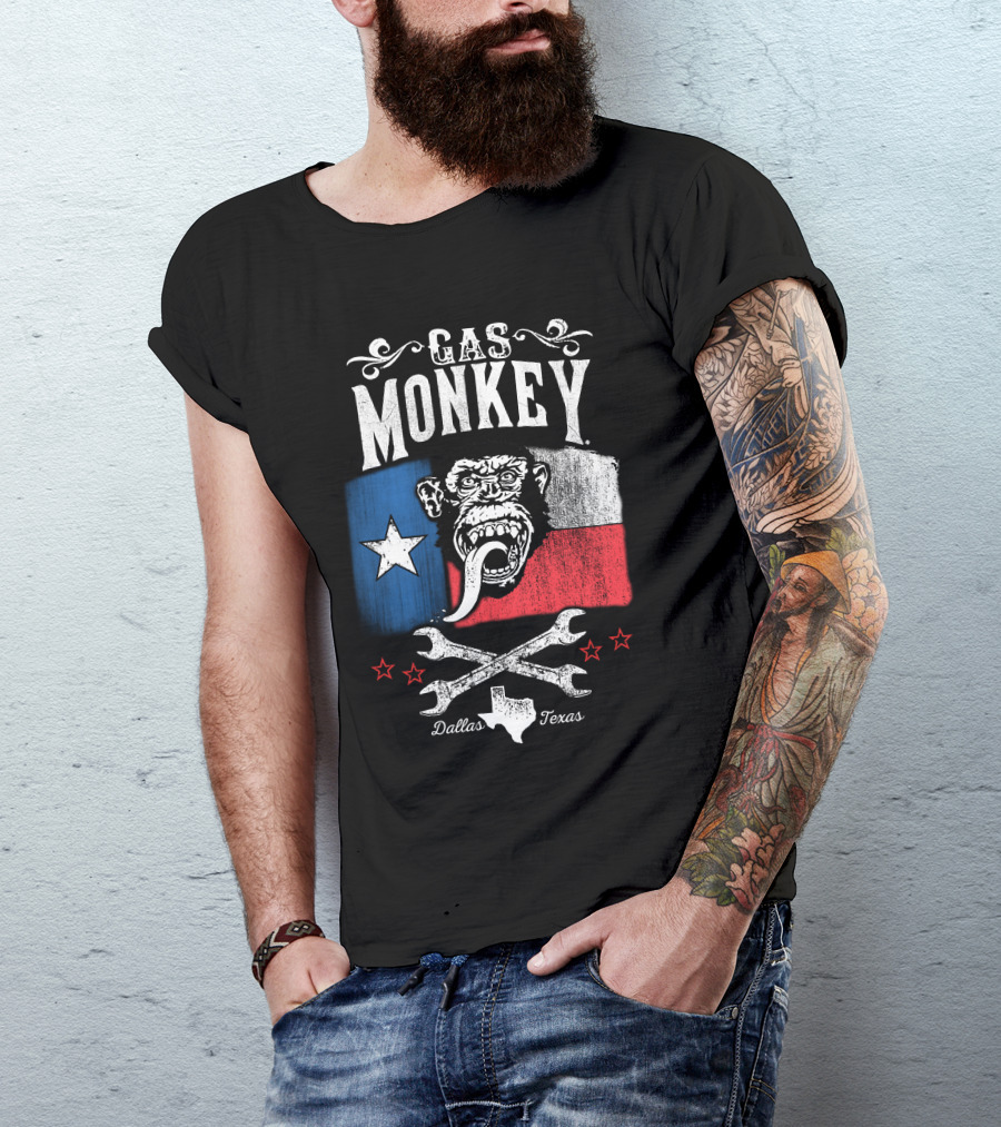 Gas Monkey Garage Dallas Texas Lone Star Flag Monkey Logo Wrenches Stars T-Shirt