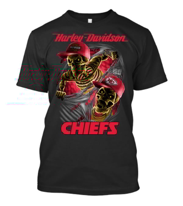 Harley Davidson Chiefs Skeletons In Kansas City Chiefs Hats T-Shirt
