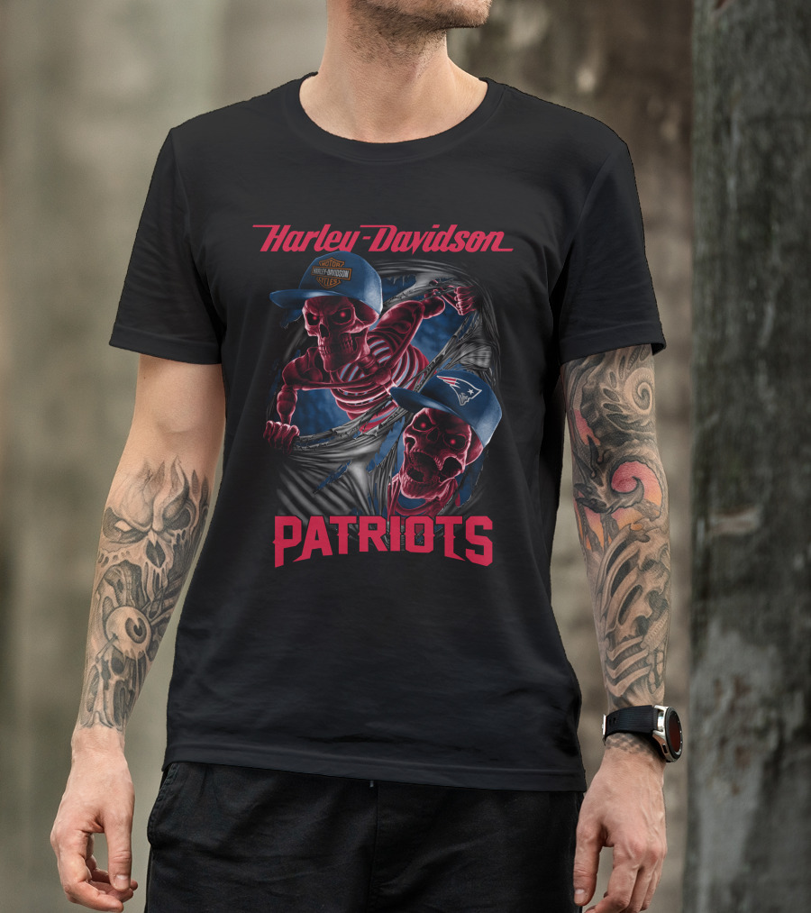 Harley Davidson Patriots Skeletons Breaking Through New England Caps T-Shirt