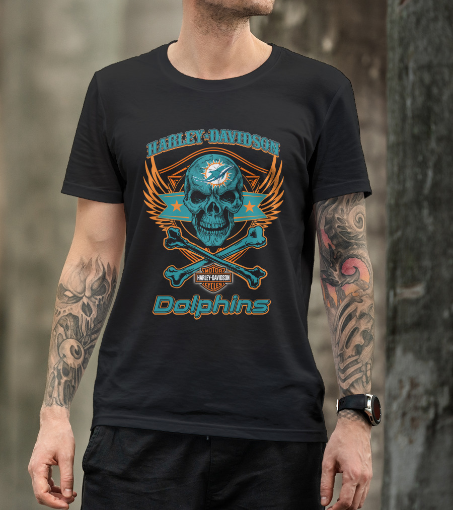 Harley Davidson Motorcycles Miami Dolphins Skull And Crossbones T-Shirt