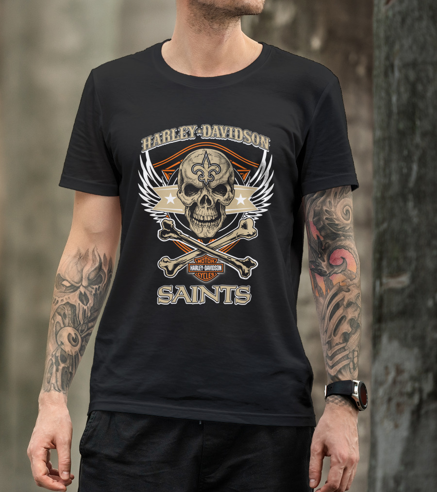 Harley Davidson New Orleans Saints Skull Fleur-De-Lis Wings T-Shirt
