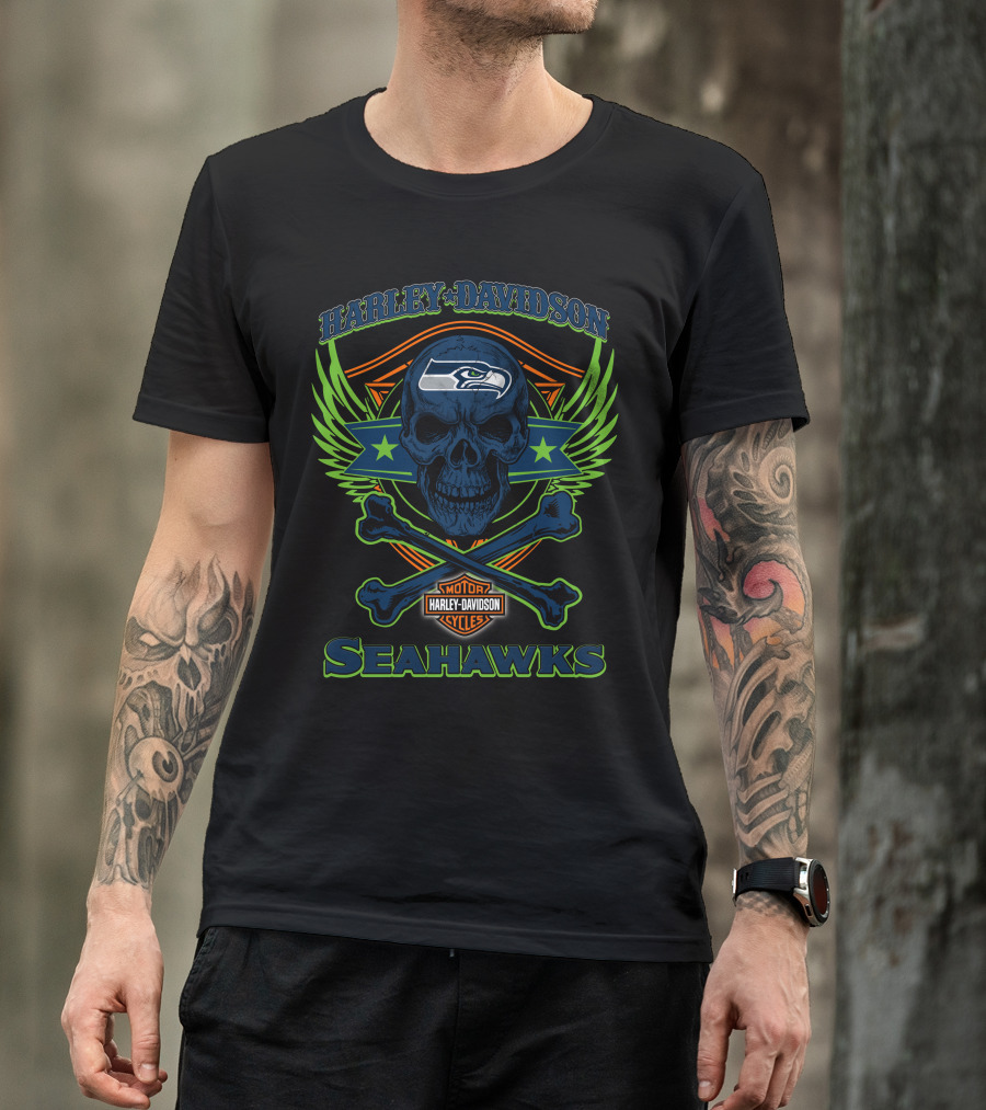 Harley Davidson Seattle Seahawks Skull And Crossbones T-Shirt