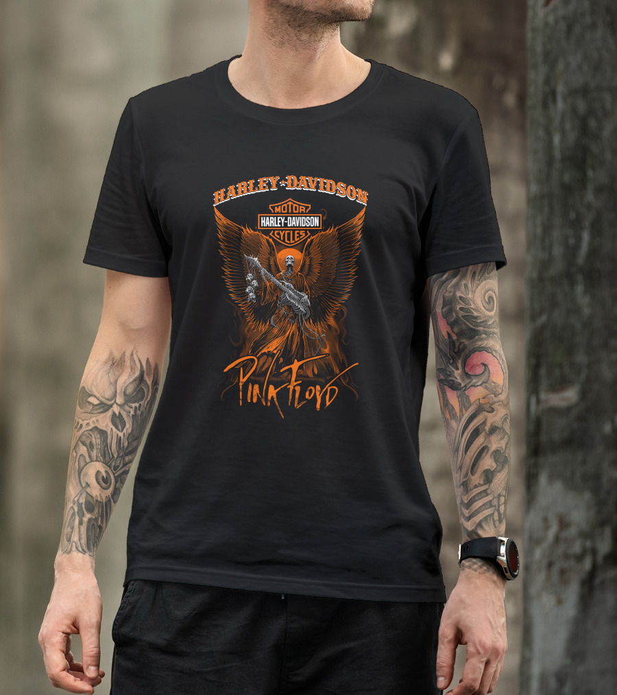 Harley Davidson Motor Cycles Pink Floyd Angel Wings Orange T-Shirt