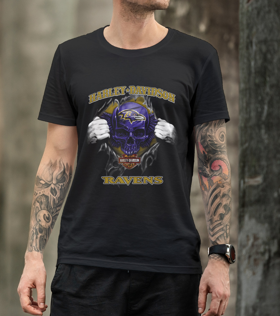 Harley Davidson Baltimore Ravens Skull Nfl Football T-Shirt