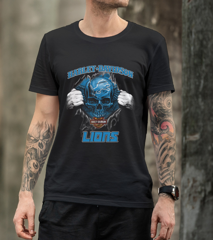 Harley Davidson Lions Nfl Skull Detroit Motor Cycles T-Shirt