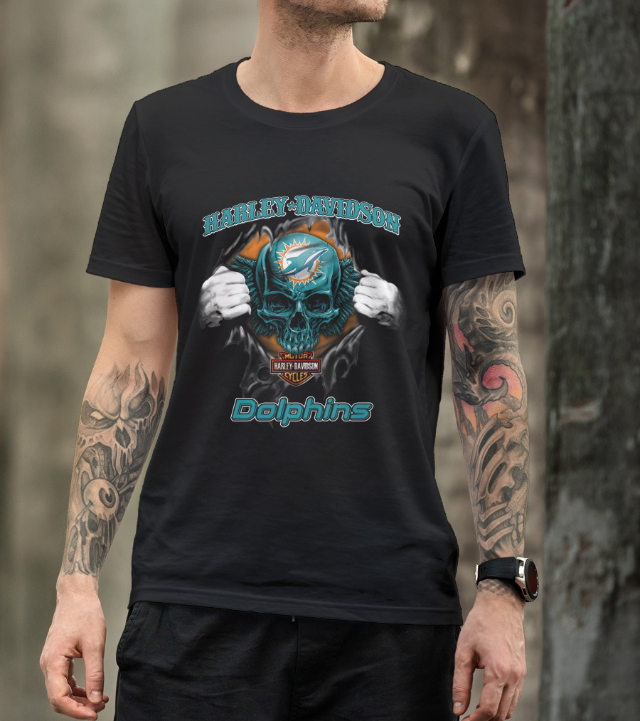 Harley Davidson Miami Dolphins Skull Nfl Cycles T-Shirt