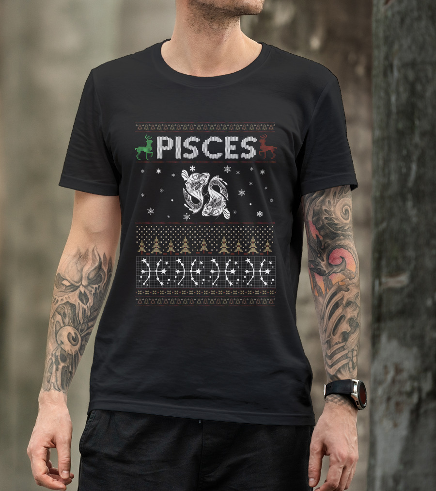 Pisces Ugly Christmas Sweater Zodiac Fish Snowflakes Reindeer T-Shirt