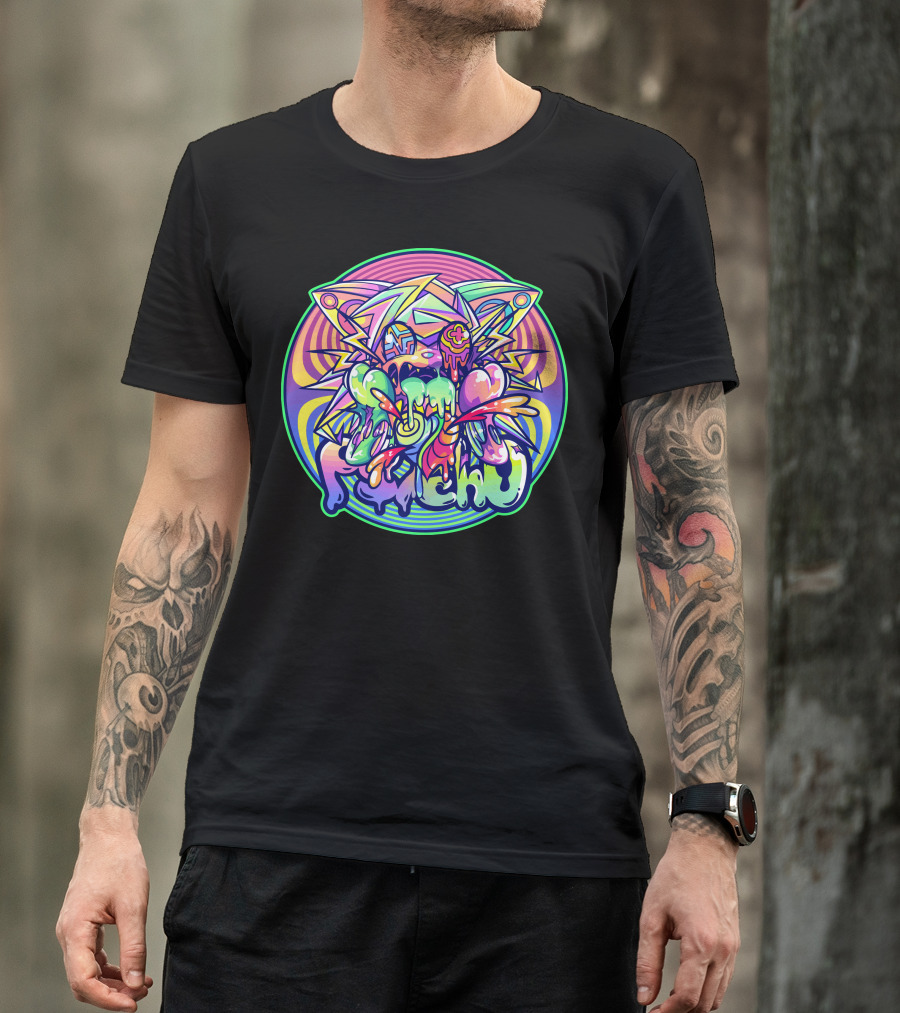 Psycho Cat Neon Melting Drip With Psychedelic Lightning Burst T-Shirt