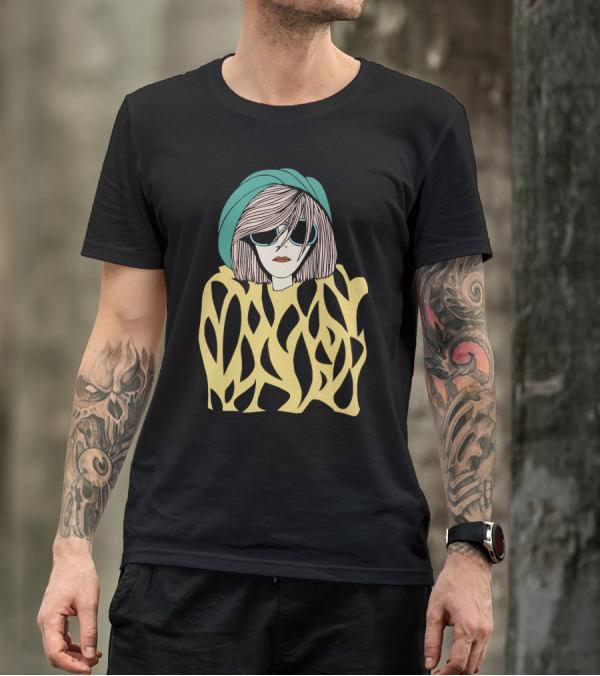 Pullover Woman With Teal Headscarf And Abstract Yellow And Black T-Shirt