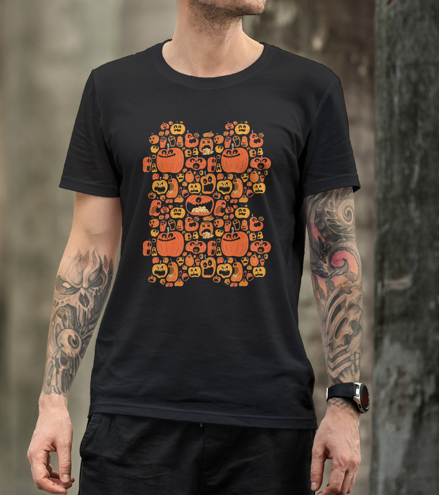 Halloween Jack O'Lantern Pattern With Ghost Faces T-Shirt