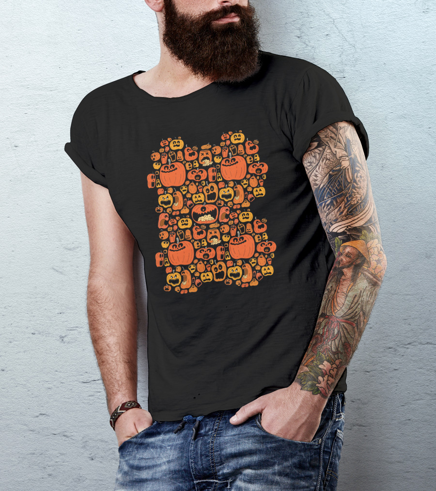 Halloween Jack O'Lantern Pattern With Ghost Faces T-Shirt