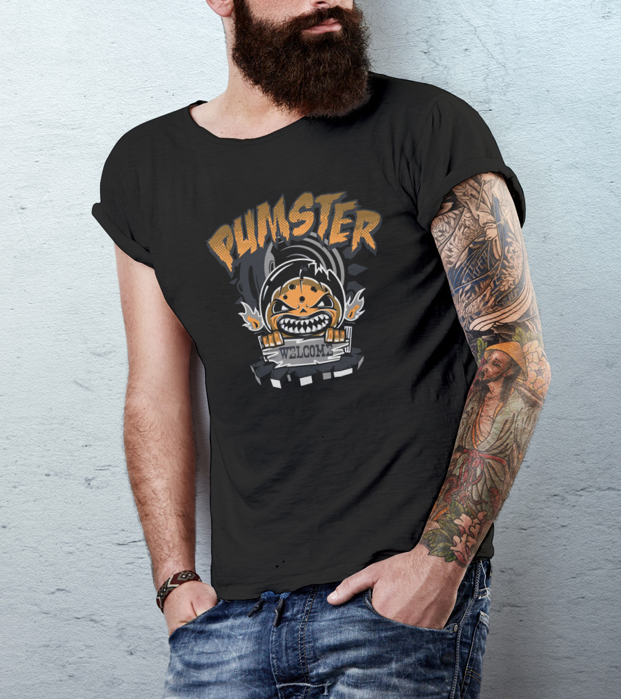 Pumster Welcome Fierce Orange Character With Flames And Sign T-Shirt