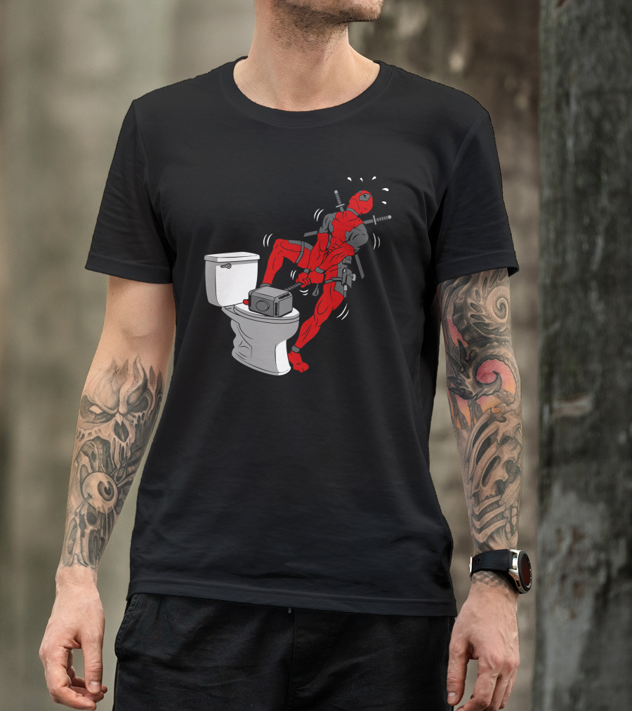 Deadpool Struggling On Toilet With Thor’s Hammer T-Shirt