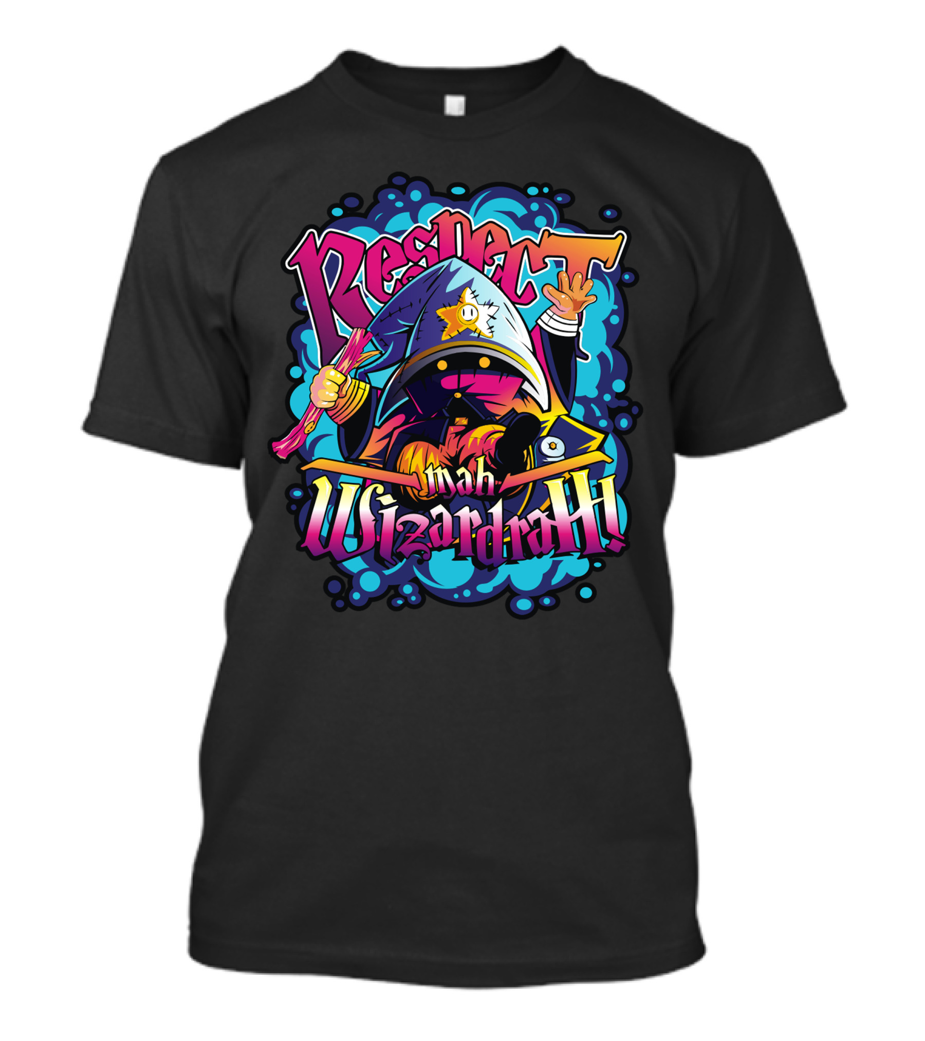 Respect Mah Wizardrah Multicolored Cloaked Figure With Staff And Vibrant Background T-Shirt