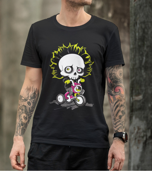 Ride Skull Skeleton Tricycle Neon Flame Hair T-Shirt