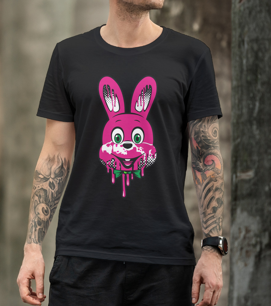 Robbie Melting Pink Bunny With Green Bow Tie And Dripping Paint Effects T-Shirt