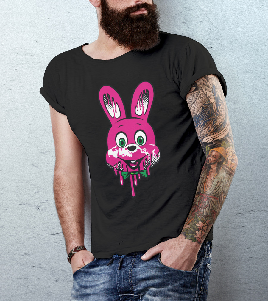 Robbie Melting Pink Bunny With Green Bow Tie And Dripping Paint Effects T-Shirt
