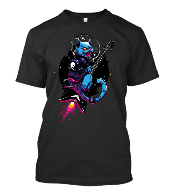 Rockat Spacecat Playing Electric Guitar With Skull T-Shirt