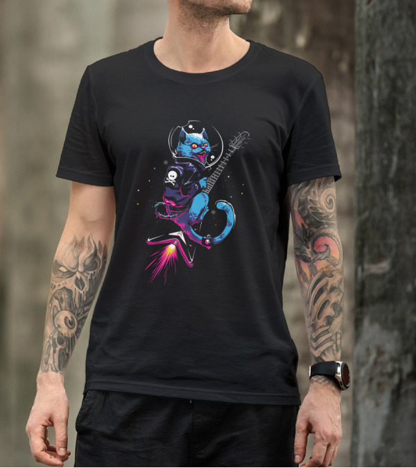 Rockat Spacecat Playing Electric Guitar With Skull T-Shirt