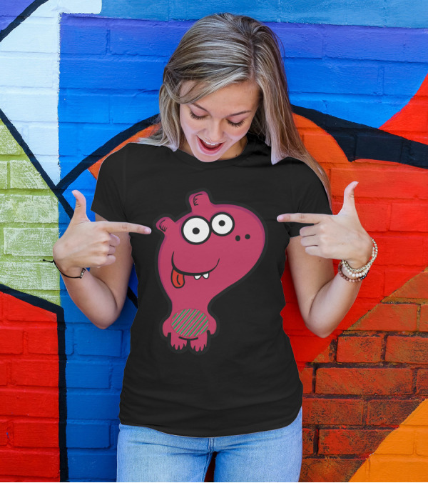 Rupert Cute Pink Cartoon Character With Striped Belly And Goofy Expression T-Shirt