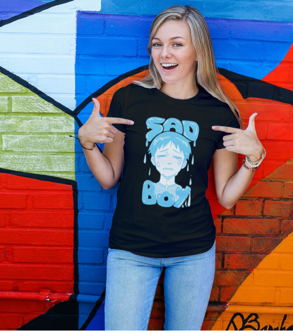 Sad Boy Dripping Tears Blue Anime T-Shirt