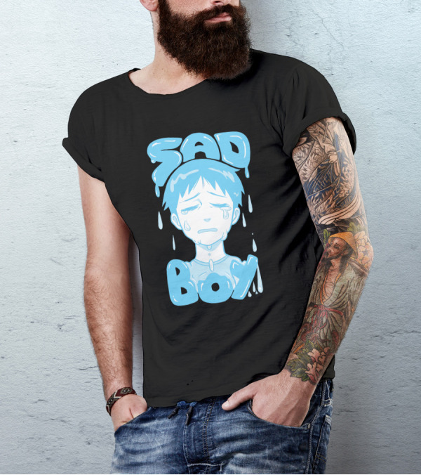 Sad Boy Dripping Tears Blue Anime T-Shirt
