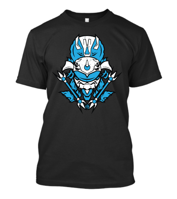 Samurai Blue Ranger Helmet With Kanji Symbols And Spear Elements T-Shirt