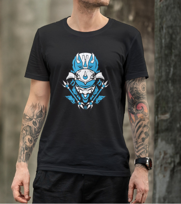 Samurai Blue Ranger Helmet With Kanji Symbols And Spear Elements T-Shirt