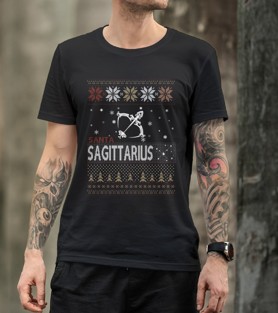 Santa Sagittarius Snowflakes Stars Bow Trees T-Shirt