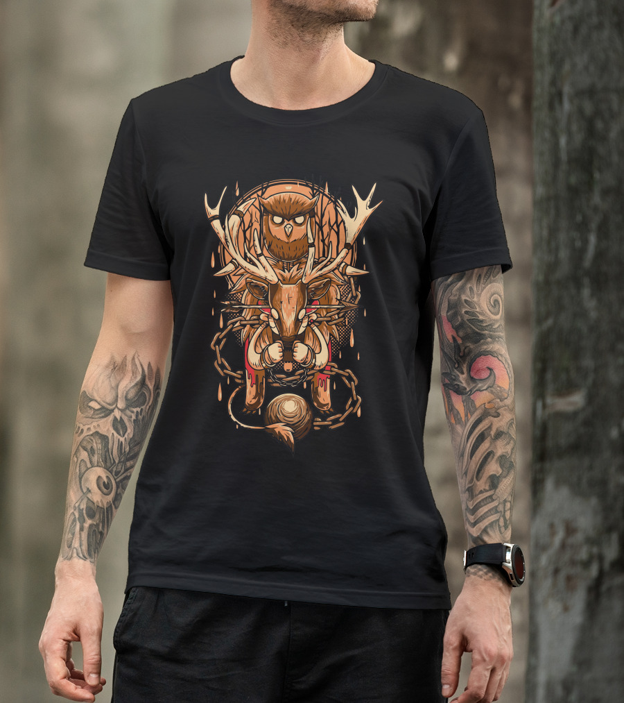 Save The Jungle: Owl And Deer With Chains In Rustic Forest T-Shirt