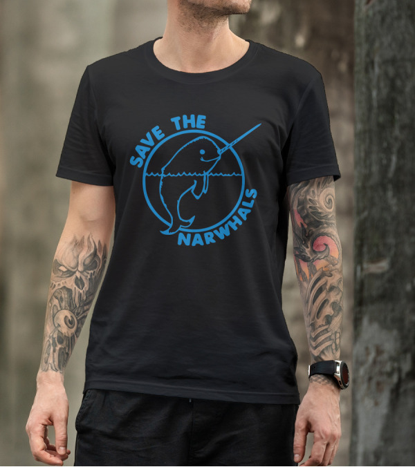 Save The Narwhals Blue Line Drawing With Circular Frame T-Shirt