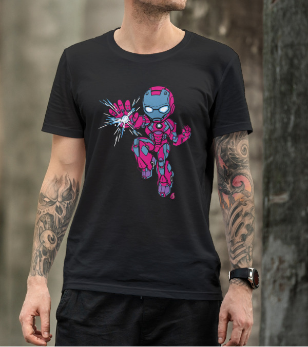 Chibi Style Iron Hero Pink And Blue Armor With Repulsor Blast T-Shirt