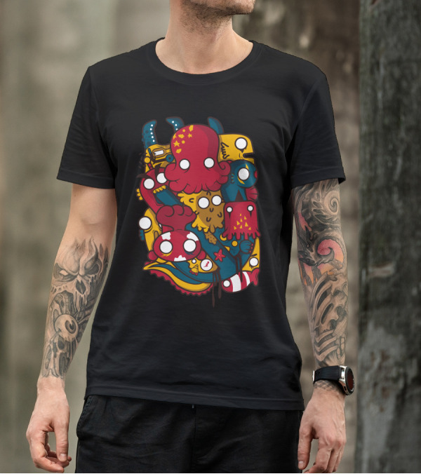 Playful Sea Creatures And Anchor In Cartoon T-Shirt