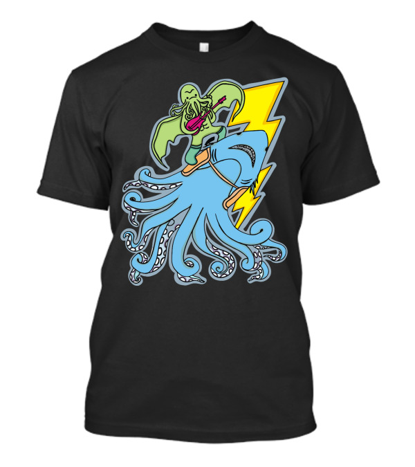 Sharktopus Tamer Rocking Guitar With Lightning Bolt And Monster Riding Scene T-Shirt